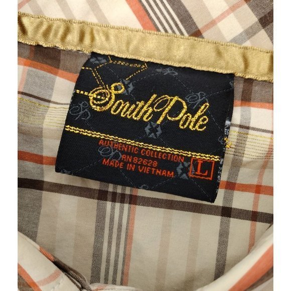 South Pole Button Down Men's Brown and Gold Plaid Short Sleeve Shirt (L) - Picture 7 of 8